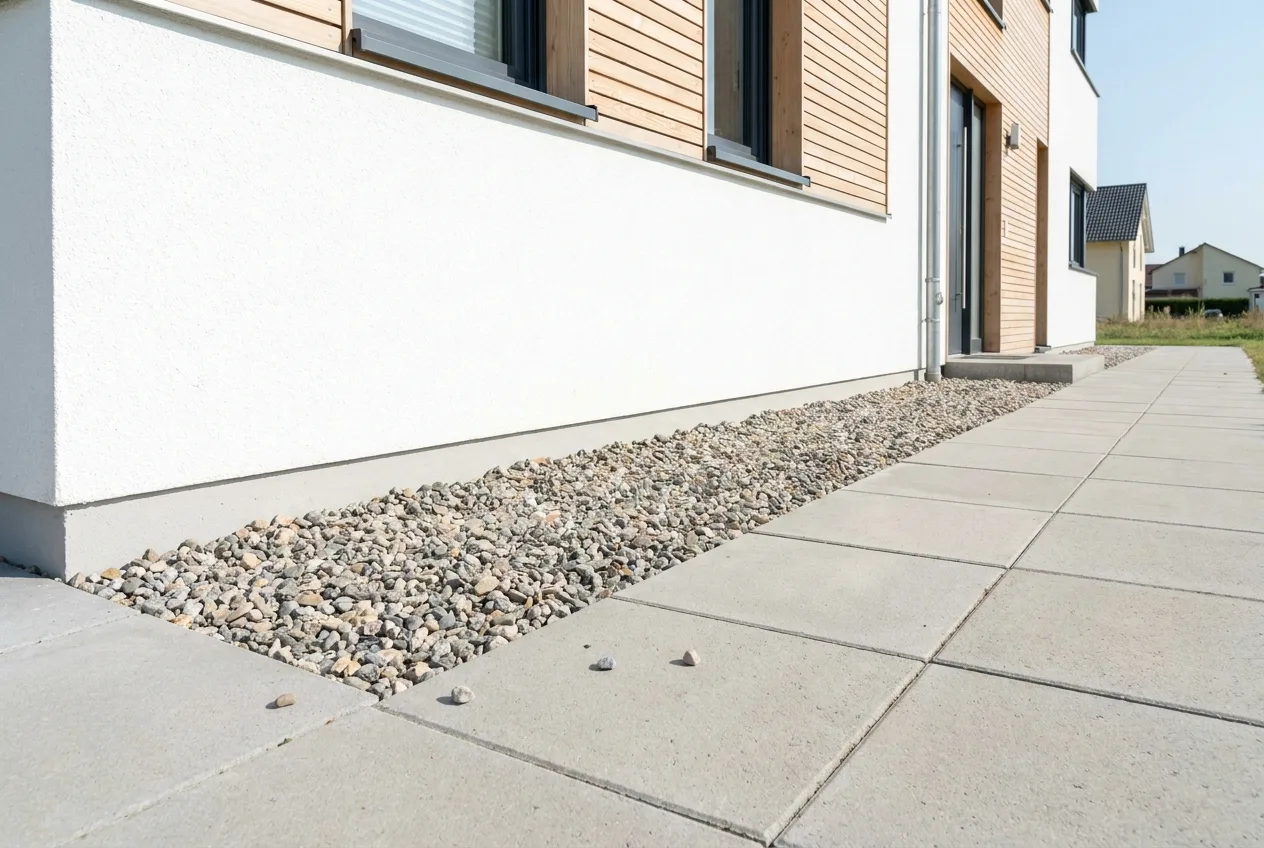 Breiter Kiesstreifen zwischen Fassade und Gehwegplatten – nicht begehbare, verschenkte Fläche direkt am Haus