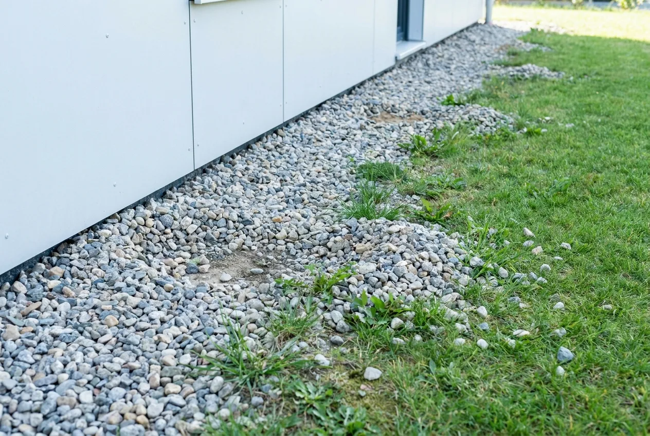 Ausgefranster, verkrauteter Kiesstreifen am Übergang zum Rasen – ungepflegte Kante am Sockel