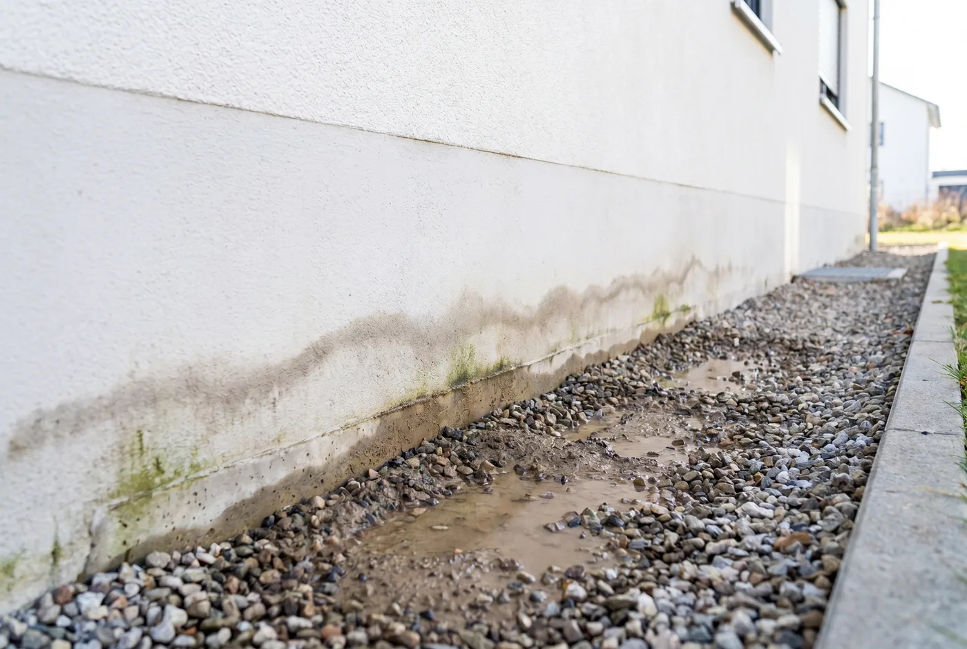Feuchter, veralgter Sockel über einem zugesetzten Kiesstreifen mit stehendem Wasser