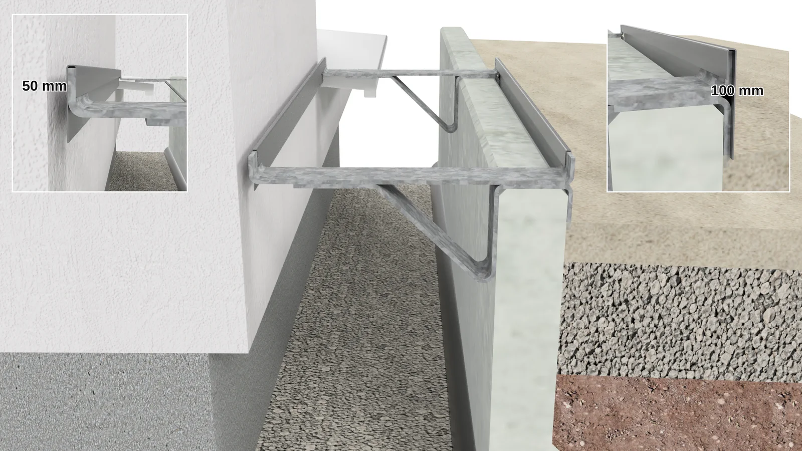 Vergleich der beiden Sobekon-Randprofile am 3D-System: links das niedrigere fassadenseitige Profil, rechts das höhere gartenseitige Profil