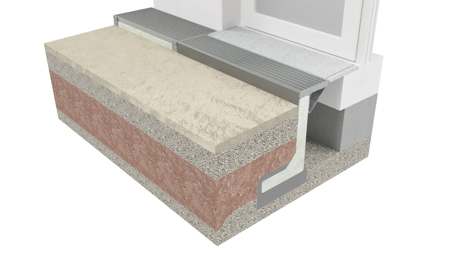 3D-Detail: Sobekon®-System an einer vorstehenden Granit-Fensterbank angebaut, mit begehbarem Gitterrost und hinterlüfteter Rinne
