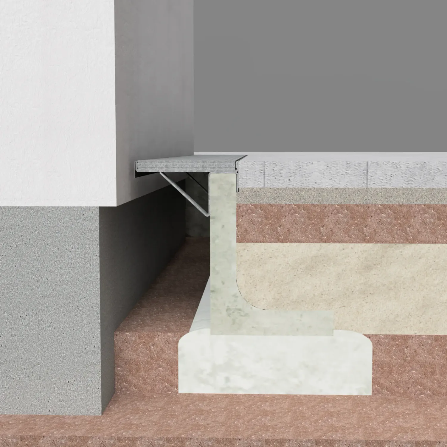 Systemschnitt: belüfteter Sobekon-Sockelanschluss im Holzbau über einer Rinne