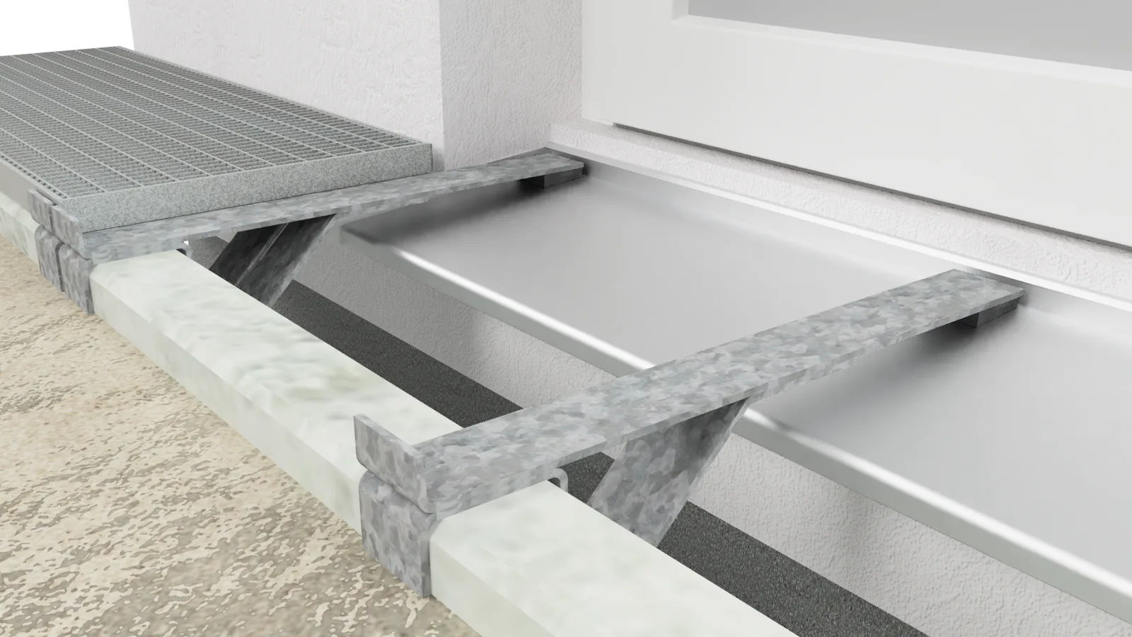 3D-Detail: Sobekon-Konsolen überbauen eine flache Aluminium-Fensterbank, der Gitterrost liegt knapp darüber auf